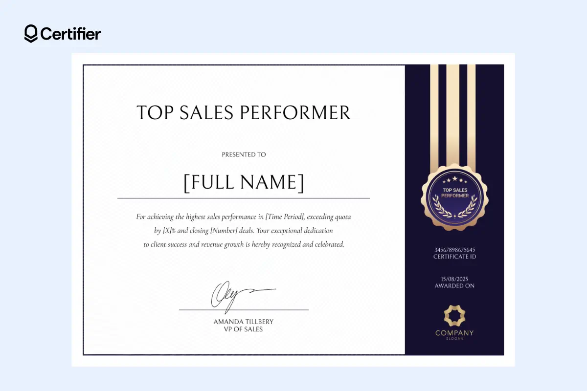 Top sales award certificate template with editable badge, digital signature and sales recognition message.