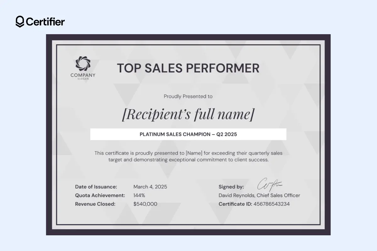 Top sales award certificate template featuring a grey background and white-highlighted title field; built for issuing professional certificates.