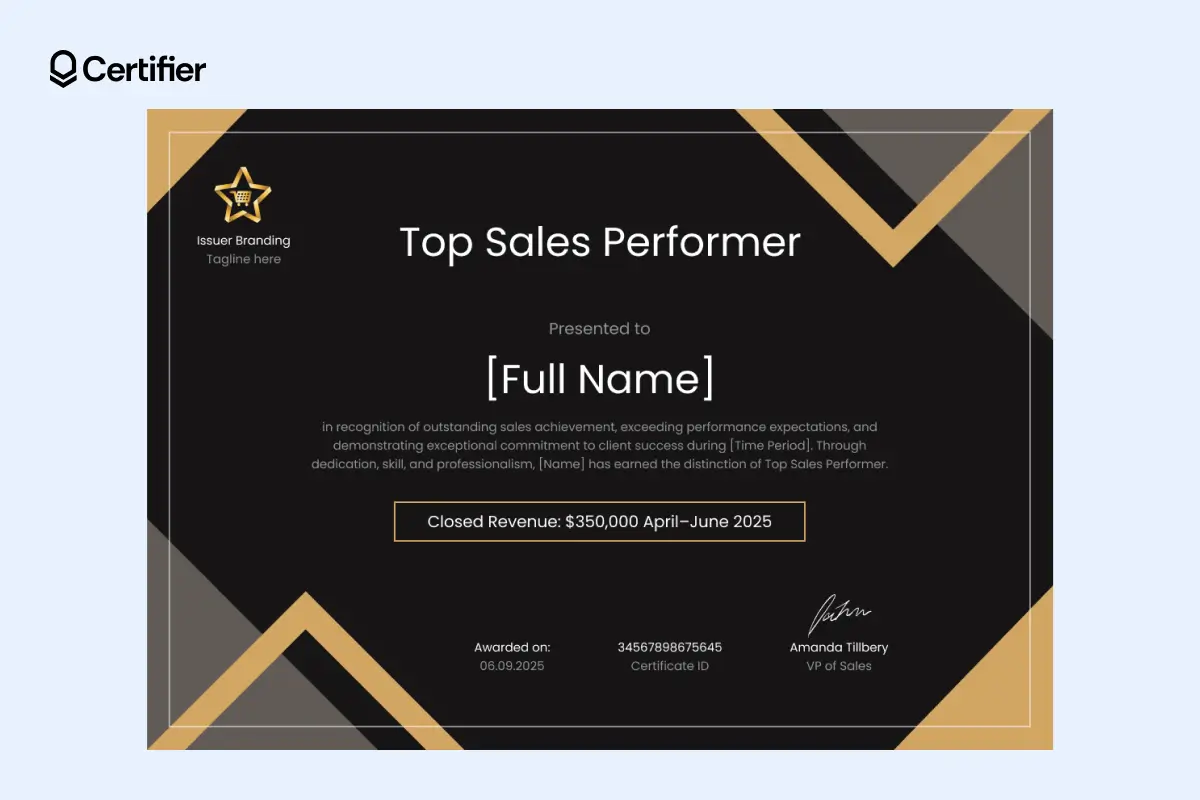 Sales award certificate template with bold recipient name, revenue highlight and customizable company tagline.