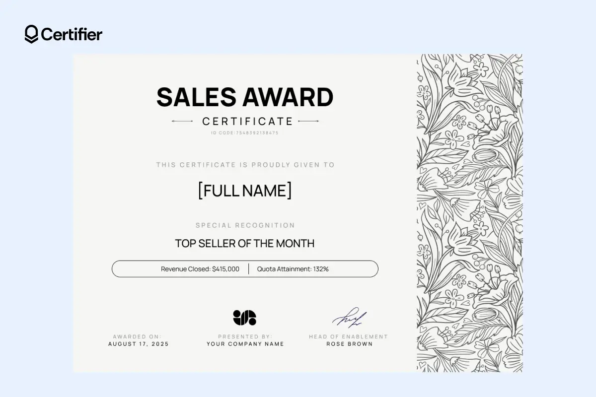 One of the free certificate templates with floral border, structured layout and outlined achievements.
