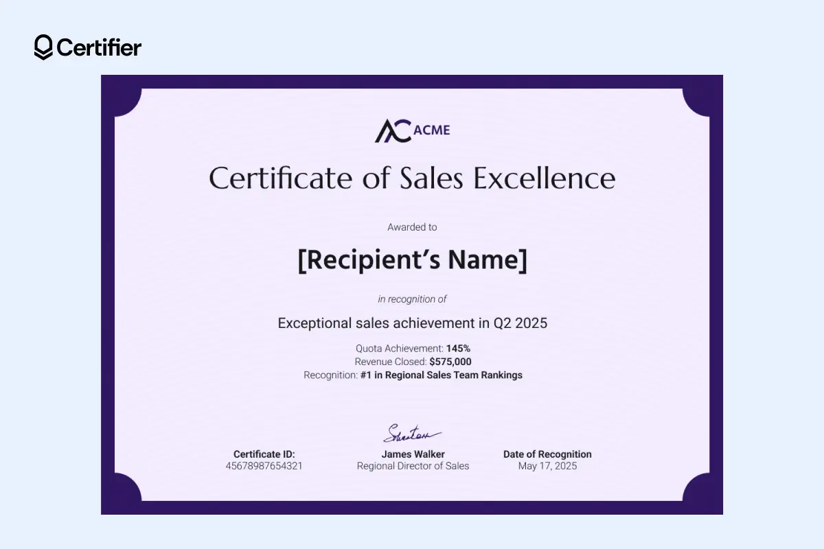 Sales award certificate template Word with purple design and bolded achievement metrics; built to generate printable certificates.