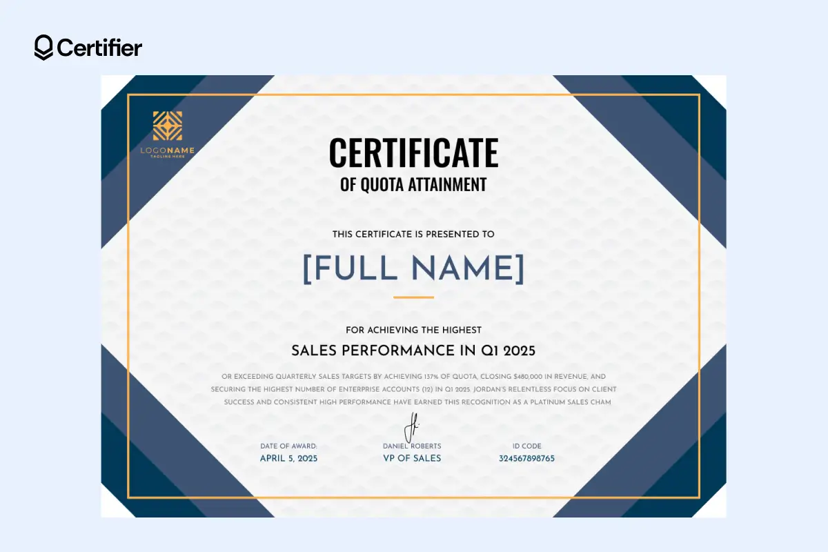 Certificate design with layered framing, editable lines and flexible text sections.