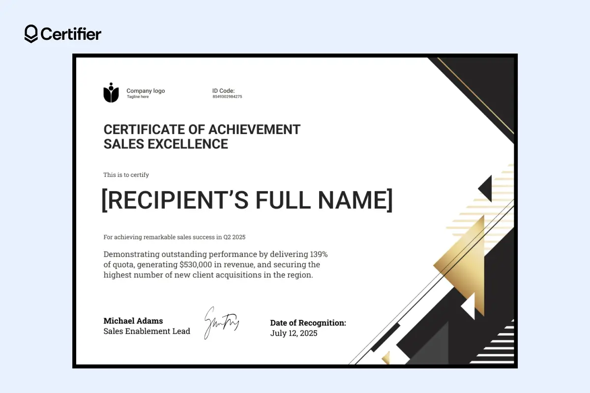 Certificate design with geometric layout and strong contrast; ideal for business and project teams looking for professional certificates.