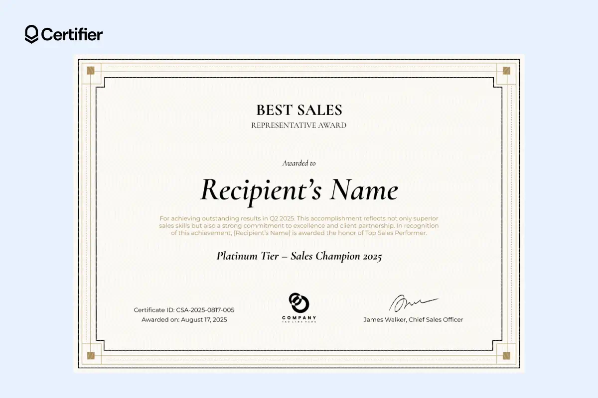 Top sales award certificate template featuring clean layout, signature-ready field and classic serif fonts.