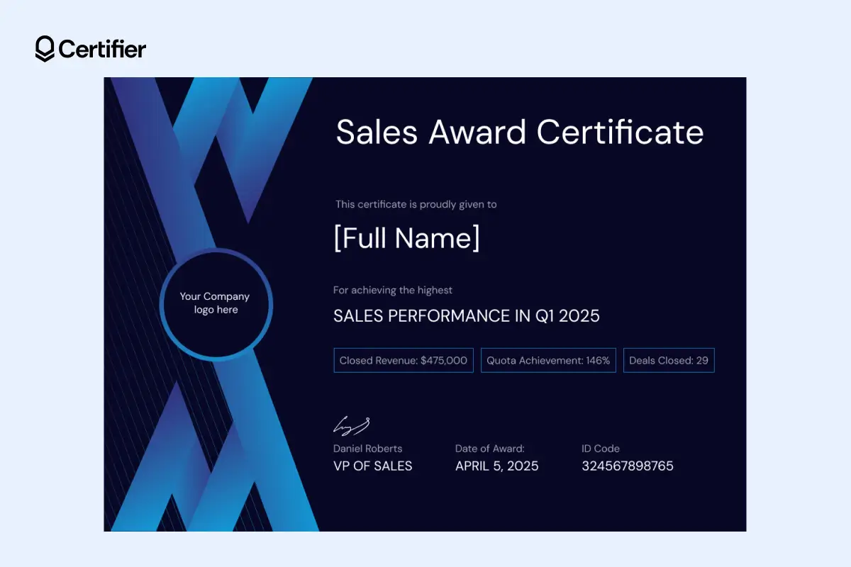 Top sales award certificate template with closed revenue, quota metrics and digital wallet access.