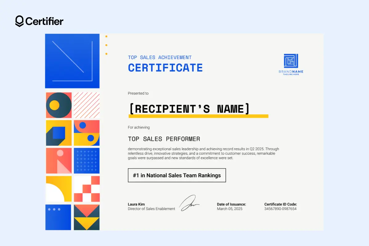 A colorful top sales award certificate template free to use for recognizing exceptional sales performance and national ranking in Q2 2025.