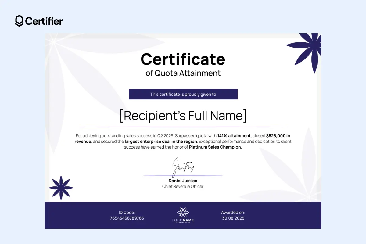 A clean and professional sales award certificate template free to edit, celebrating quota attainment and Platinum Sales Champion status for Q2 2025.