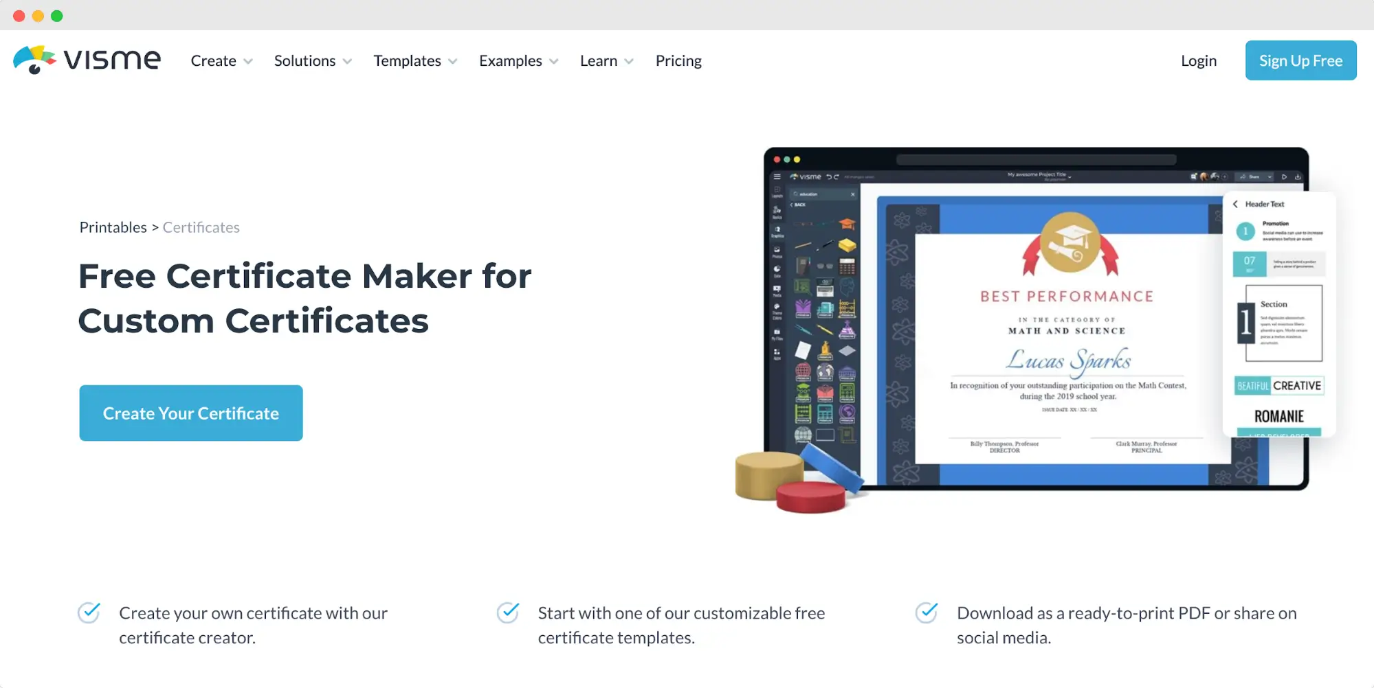 Visme free certificate maker tool with customizable template editor, presented as a Free Document Maker alternative.