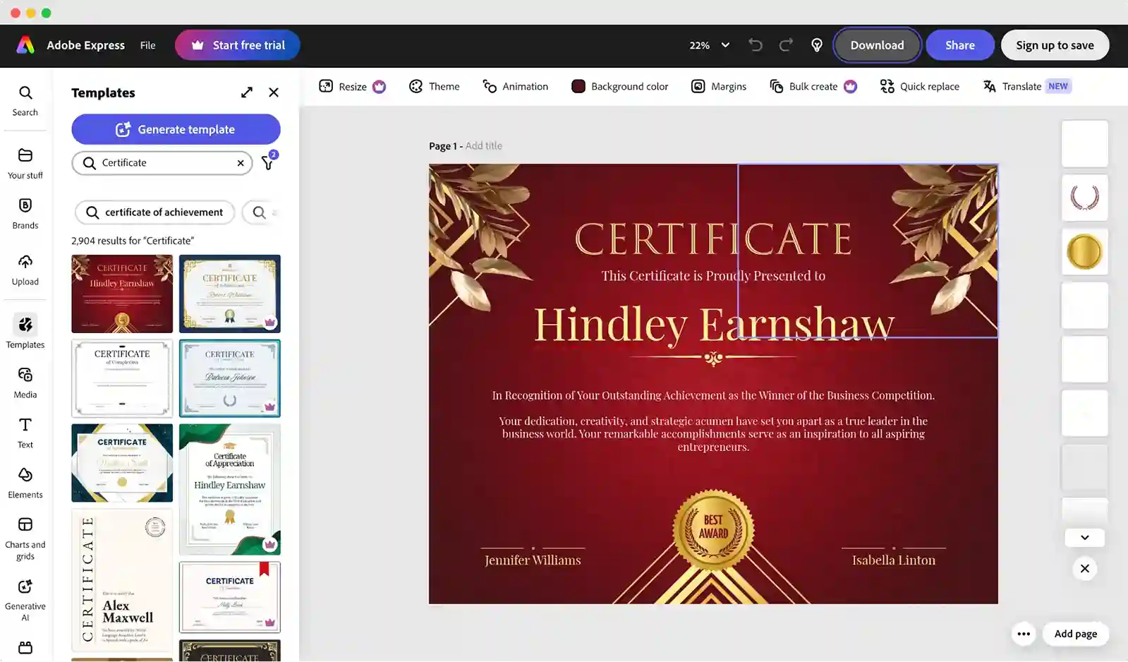 Adobe Express AI features for certificates.