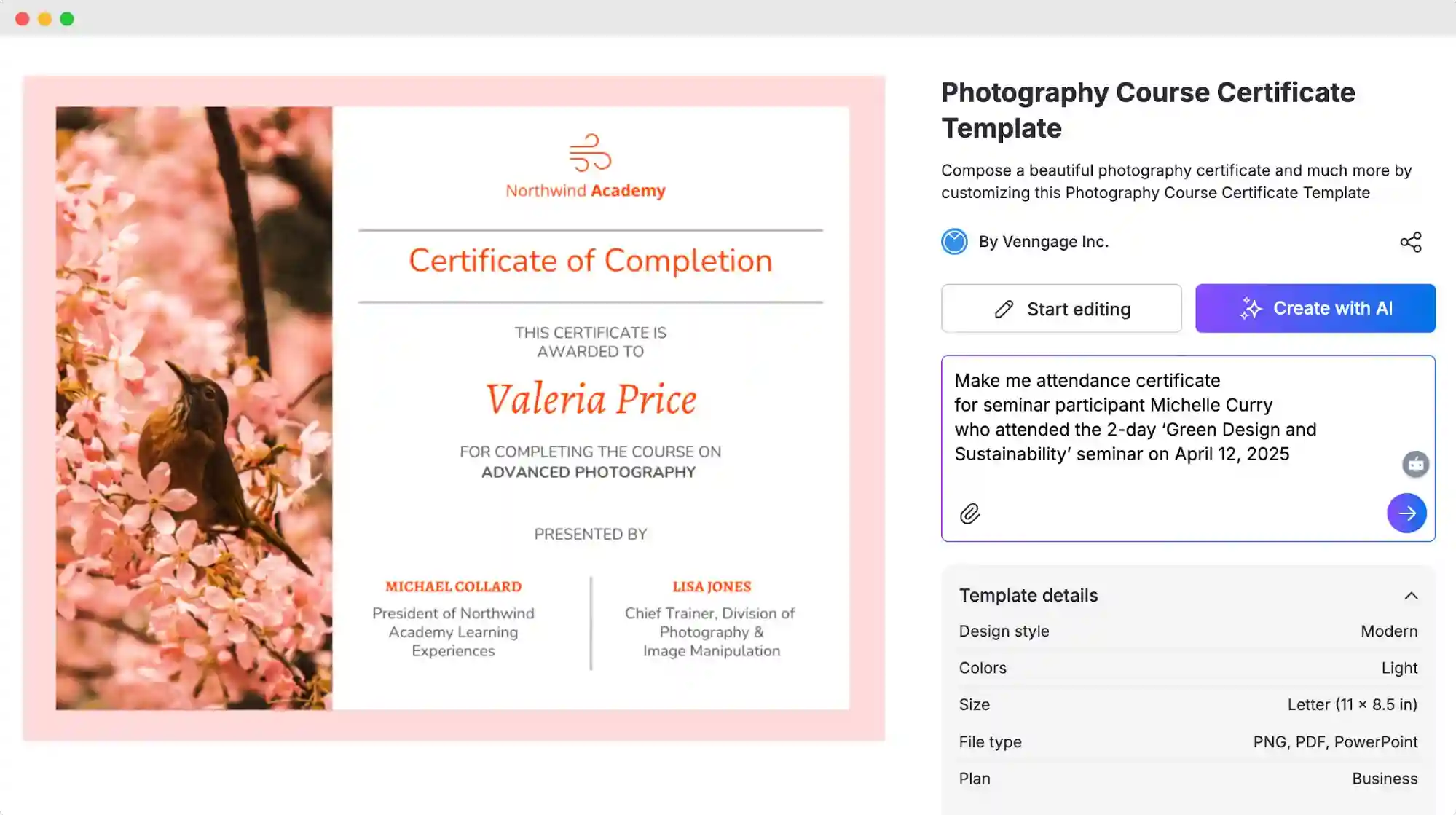 Venngage preview of AI certificate generator.