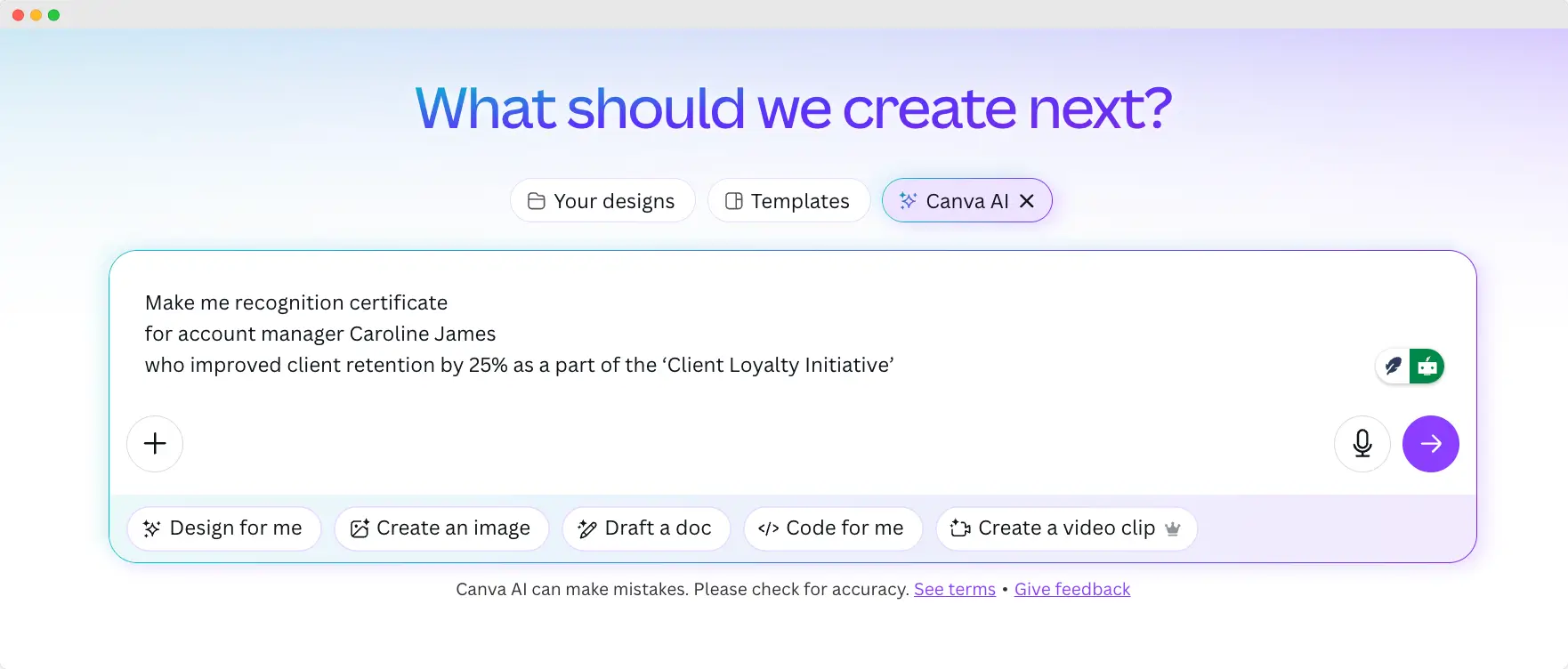 Canva AI certificate maker layout.