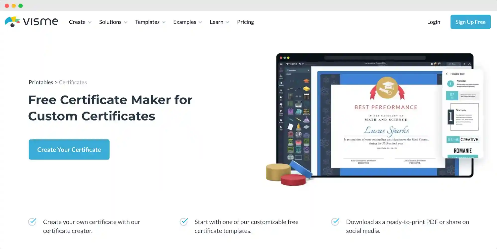 Visme homepage; RenderForm alternative for creative certificate designs with interactive and visually striking layouts.