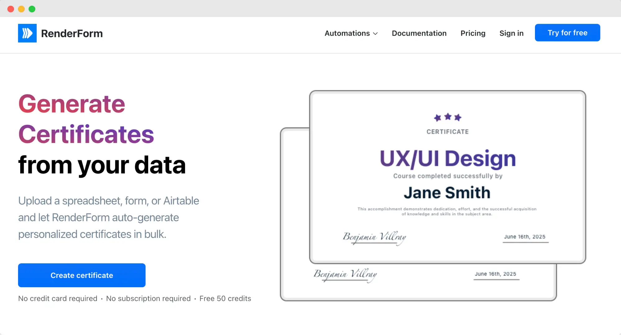 RenderForm homepage—bulk image and PDF generation platform.