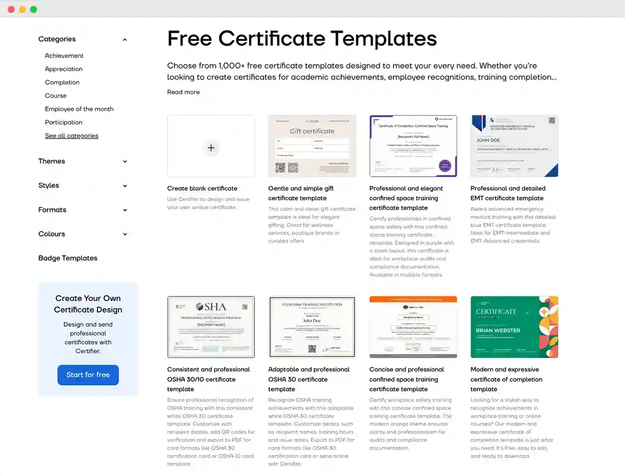 Certifier’s template page—a collection of editable templates in different styles, themes, colors and more.