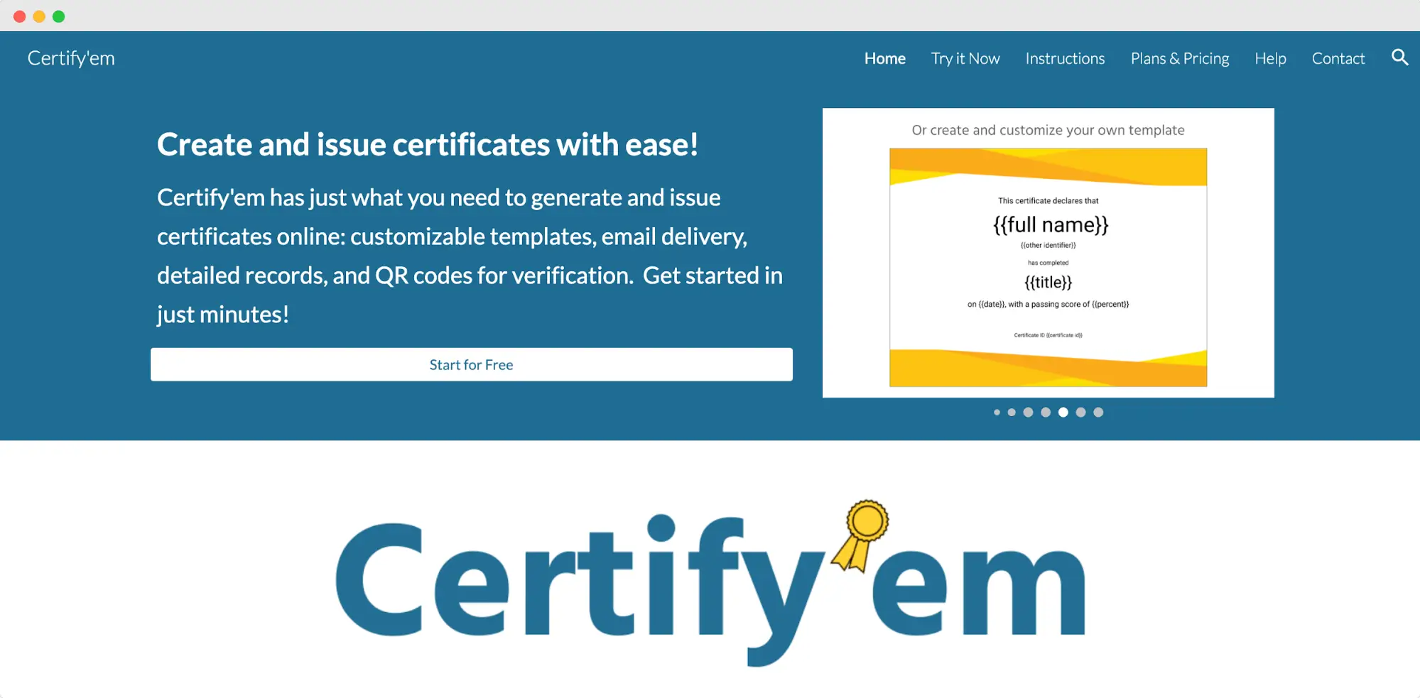 Certify’em homepage showing certificate automation.