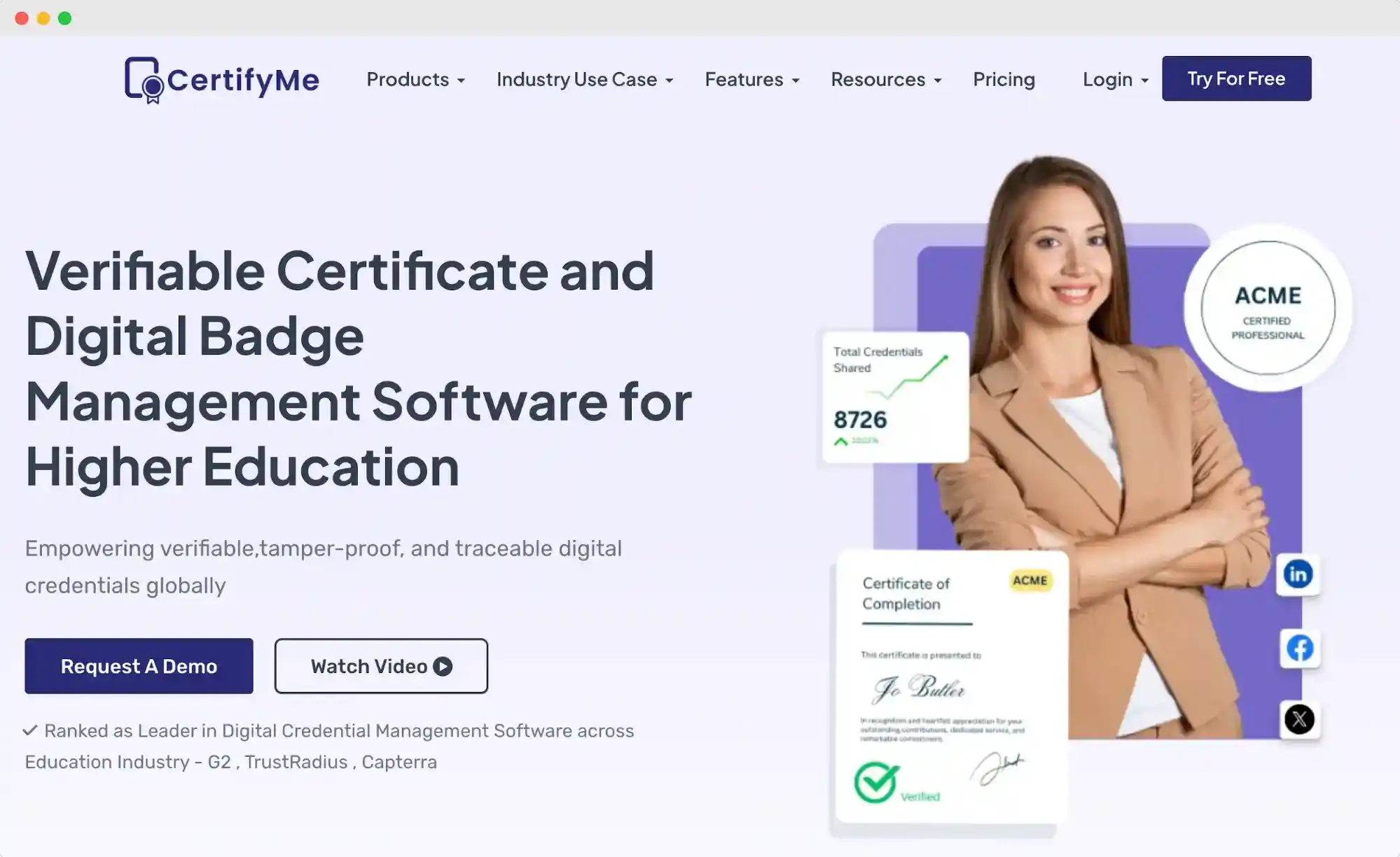 CertifyMe homepage highlighting digital badge and certificate management for higher education as a CredSure alternative.