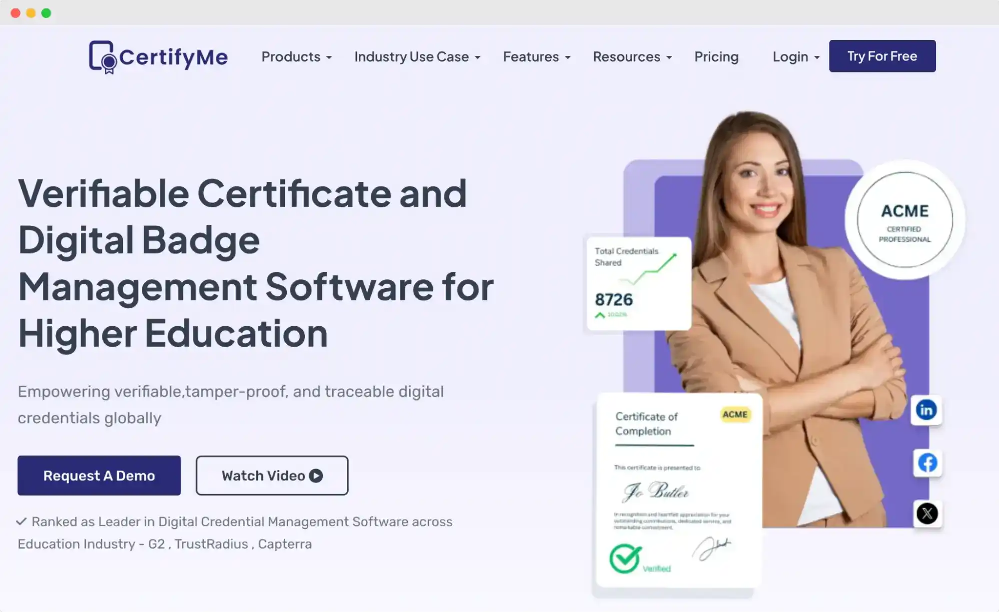 CertifyMe homepage highlighting verifiable certificates and badges, another strong NetCredential alternative.