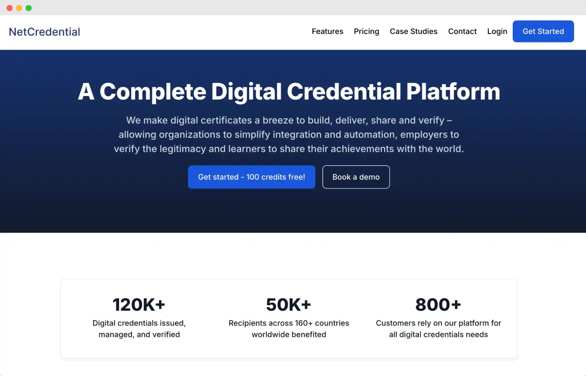 NetCredential homepage showing tagline, platform description, user statistics, and call-to-action buttons for demo and free credits.