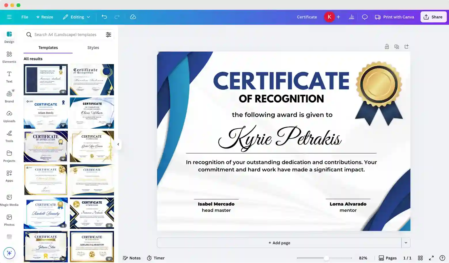 Canva certificate editor screen showing editable certificate of recognition template—design-focused Certopus alternative. Canva certificate editor screen showing editable certificate of recognition template—design-focused Certopus alternative.