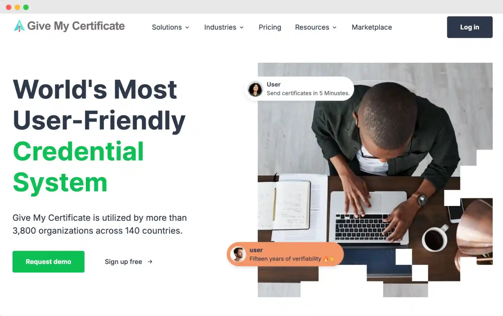 GiveMyCertificate homepage promoting user-friendly credential creation.