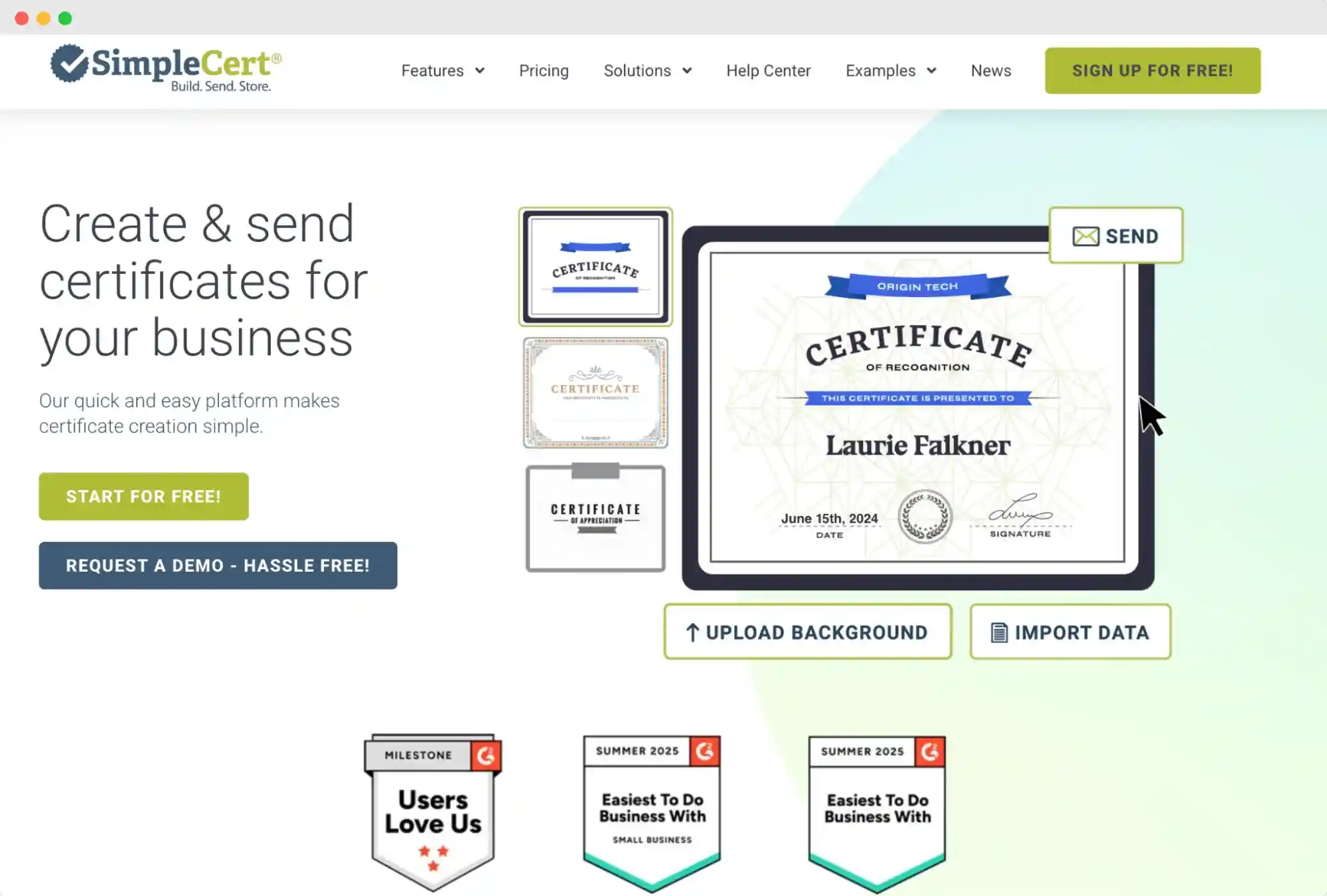 SimpleCert homepage with quick certificate sending and user reviews—lightweight GiveMyCertificate alternative for small events.