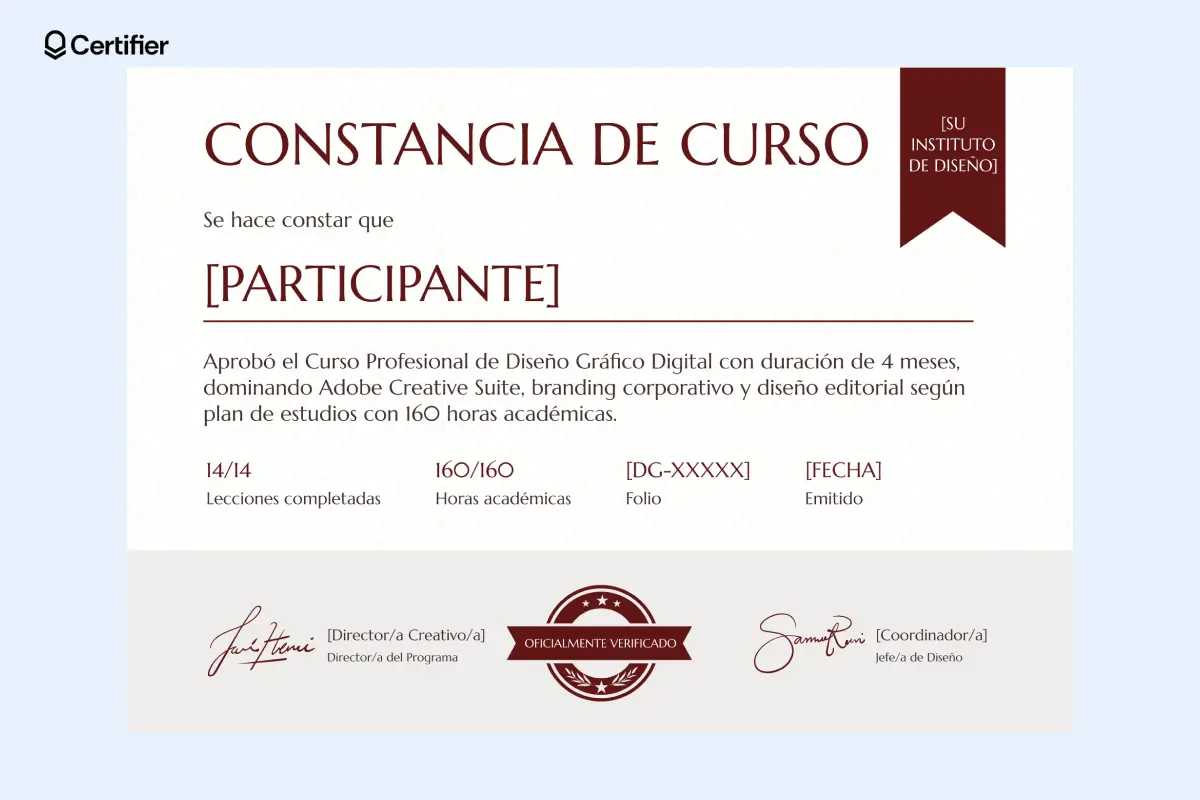 Certificado IT con barra decorativa beige, firmas en la parte inferior y línea divisoria entre nombre y detalles.