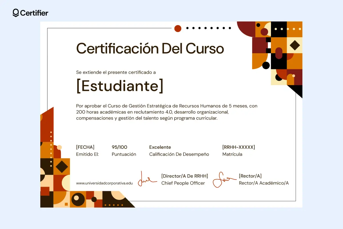 Plantilla con elementos diagonales marrones y título del curso en rojo; ideal para cursos de negocios o informática.