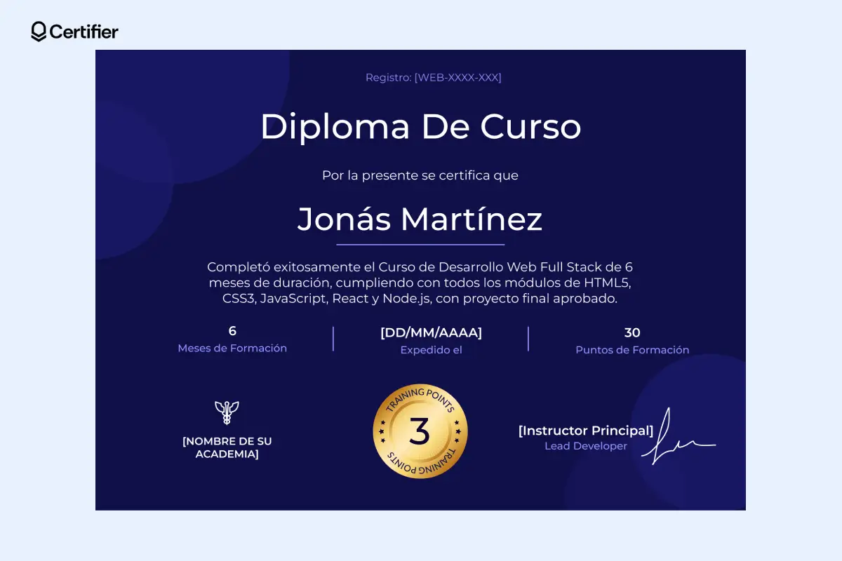 Certificado de finalización azul marino con círculos azules claros, texto blanco y sello dorado central.