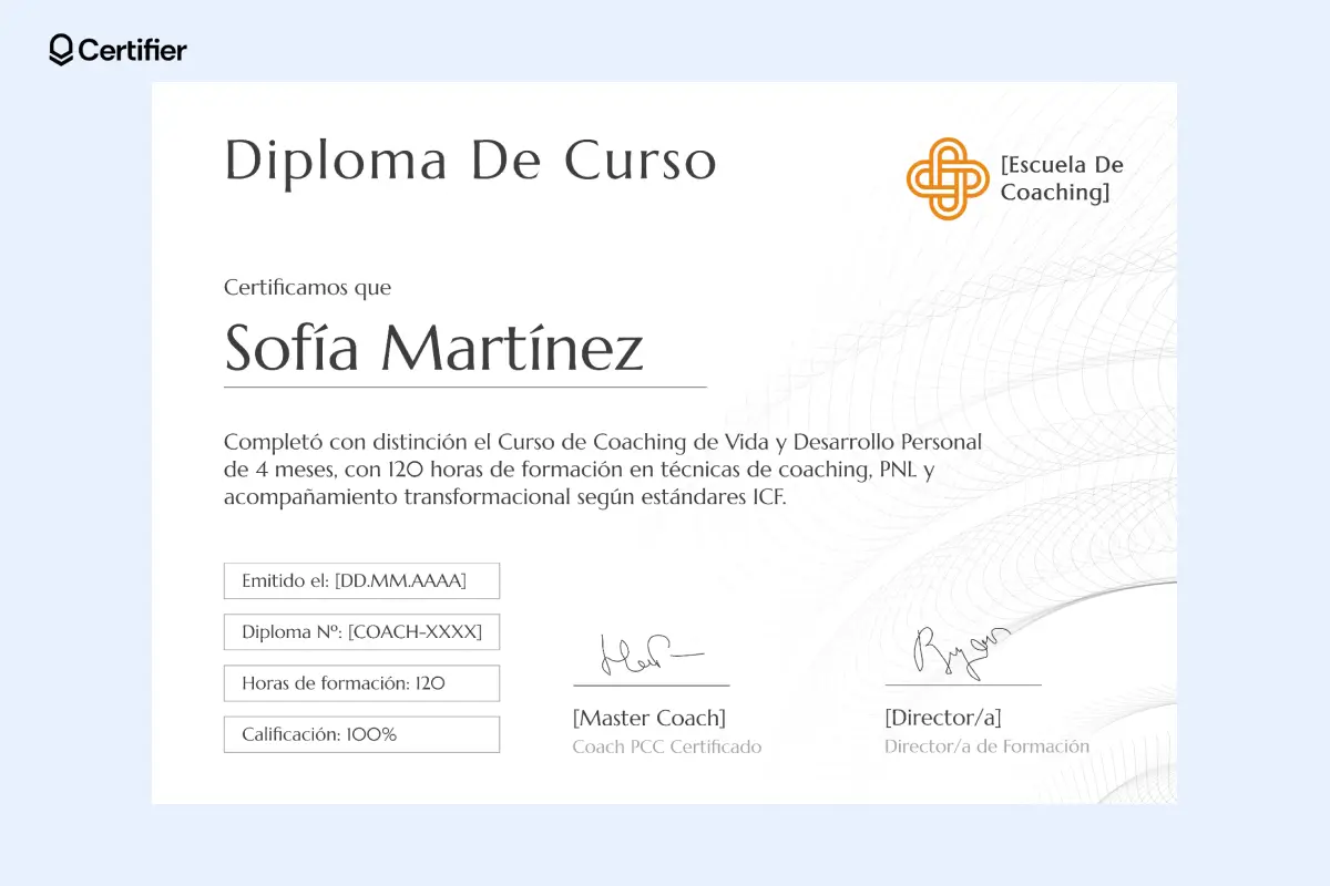 Diseño minimalista con elementos amarillos y espacio para logotipo, nombre del curso y firmas.