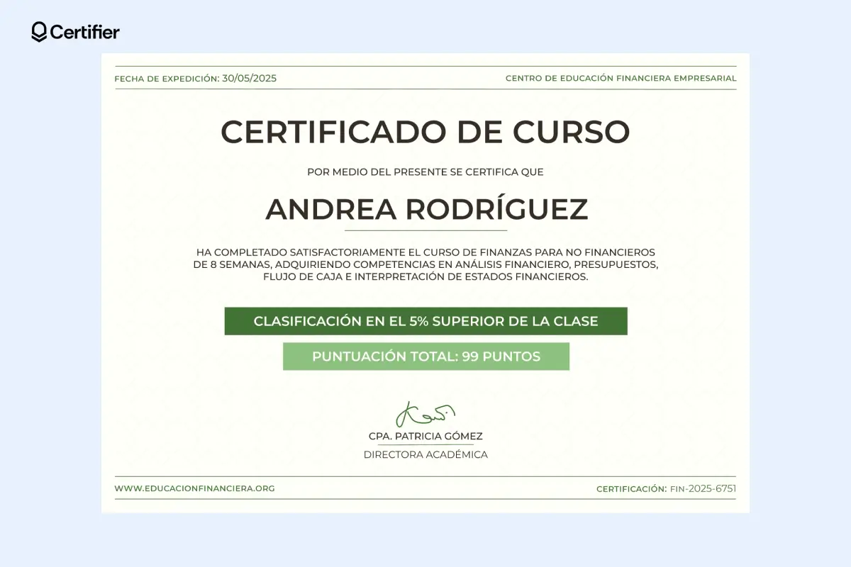 Modelo de certificado de curso en formato IT con elementos verdes en el centro y las esquinas.