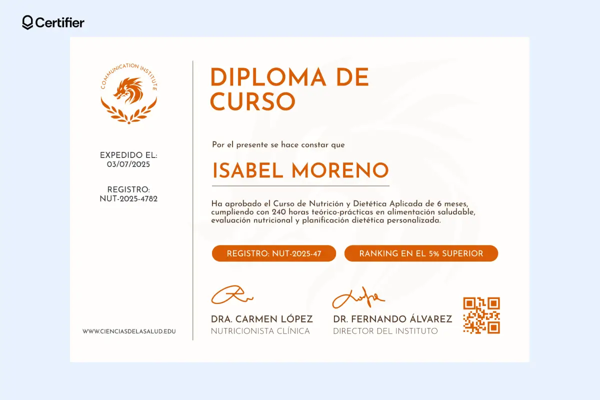 Certificado con fondo naranja claro y elementos vibrantes, separado por una línea fina, con logotipo a la izquierda.