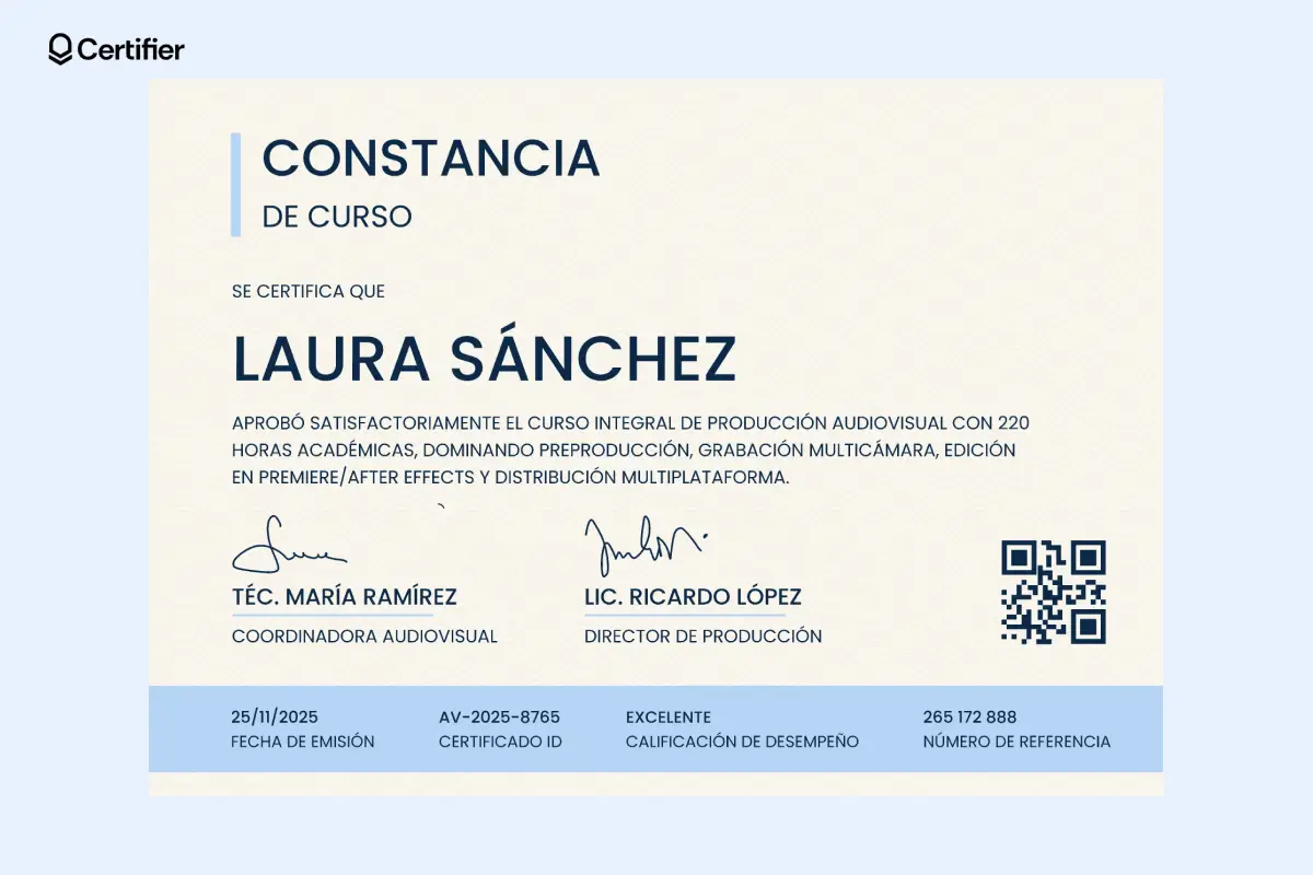 Certificado con fondo beige y barra azul en la parte inferior; el nombre del destinatario aparece en fuente azul destacada.