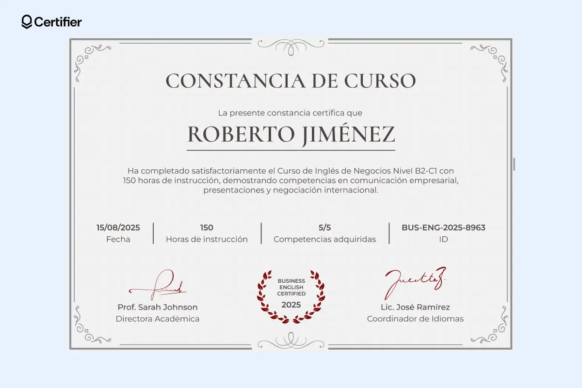 Plantilla con bordes ornamentales, tipografía refinada y elementos rojos en la parte inferior.
