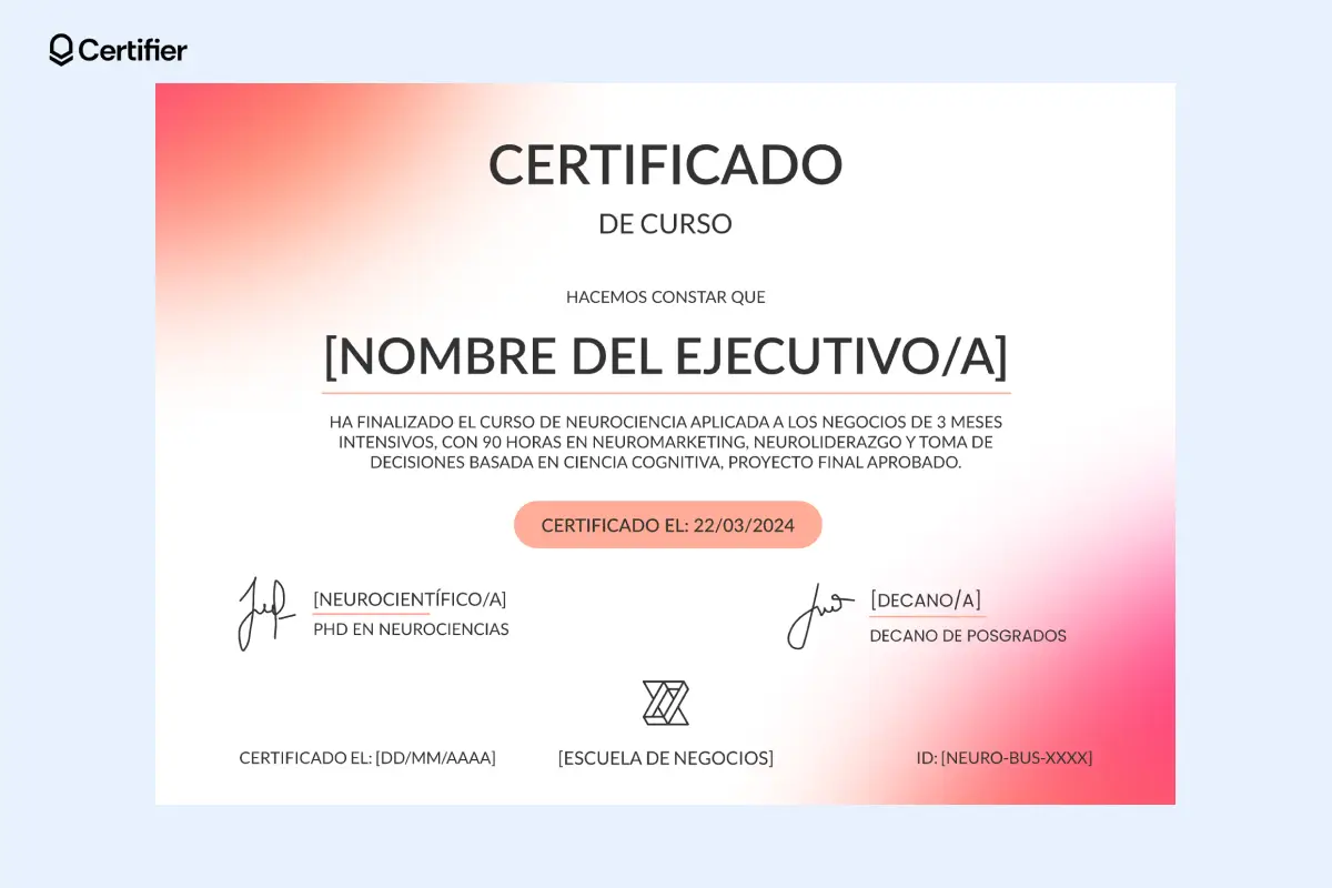 Certificado rosa con degradado en las esquinas diagonales y núcleo del diseño resaltado en el centro.