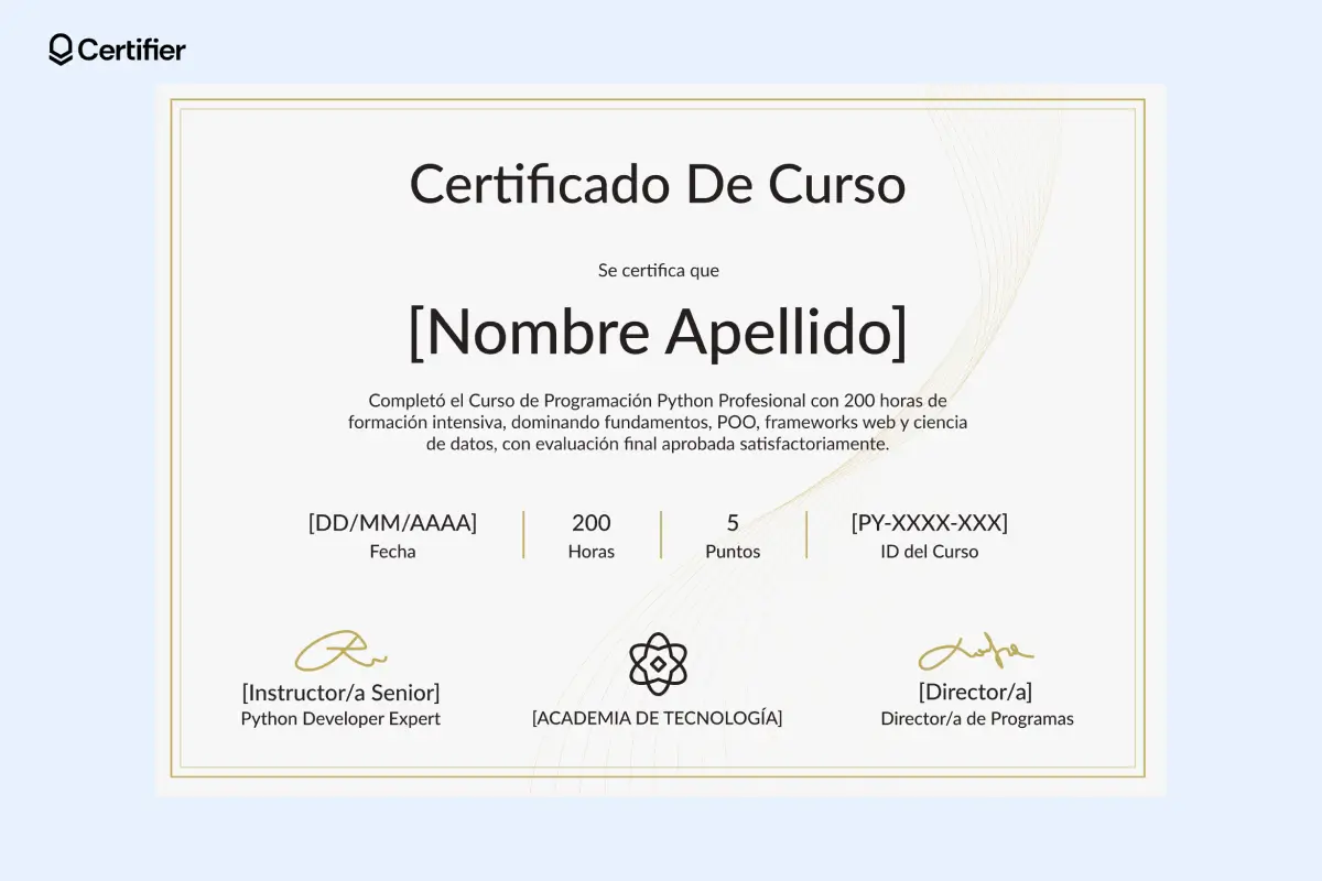 Plantilla amarilla con líneas verticales para separar detalles del curso, logotipo centrado entre dos firmas.