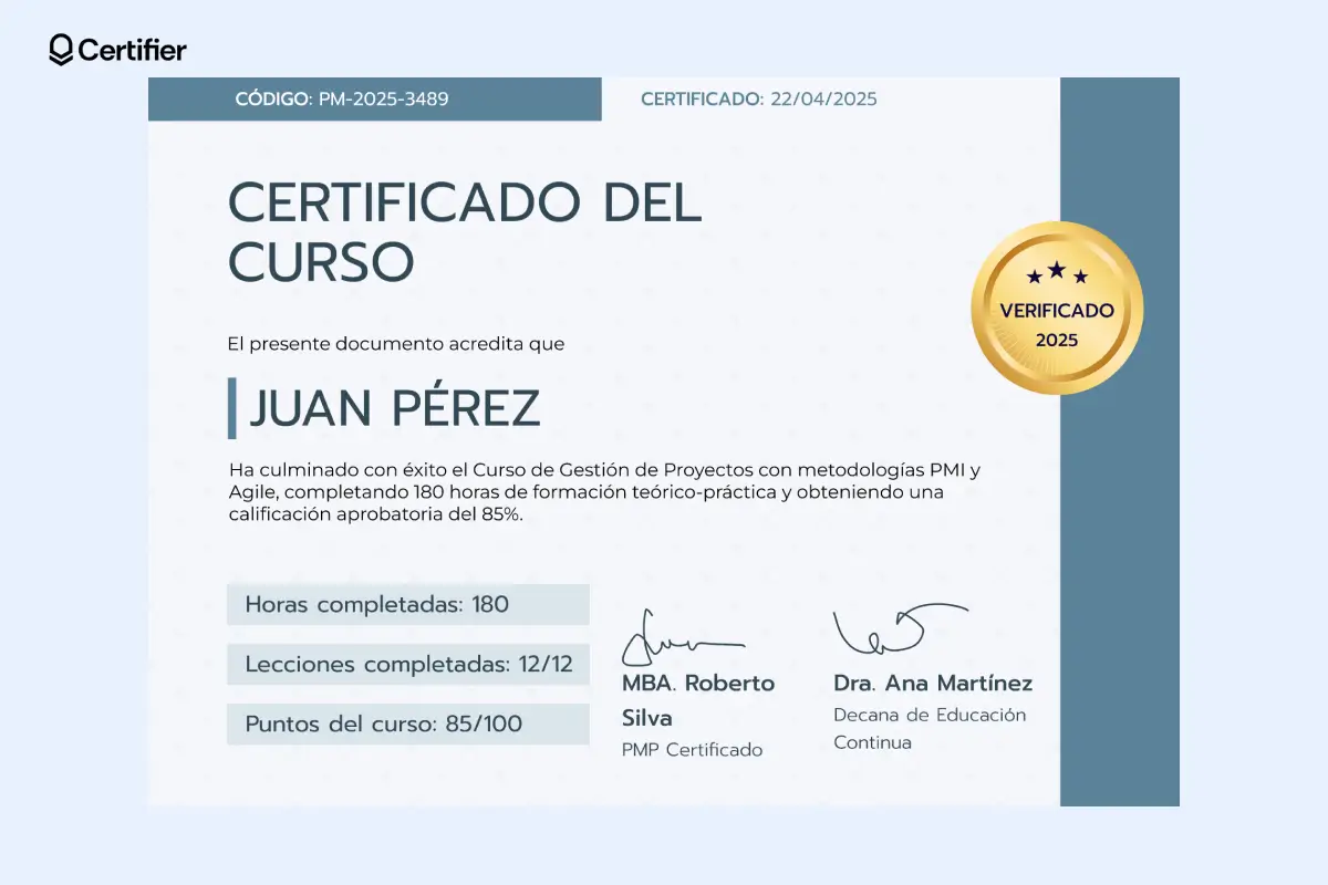 Plantilla de certificado de curso de inglés en tonos azules con sello dorado a la derecha, firmas al pie y detalles destacados en negrita.