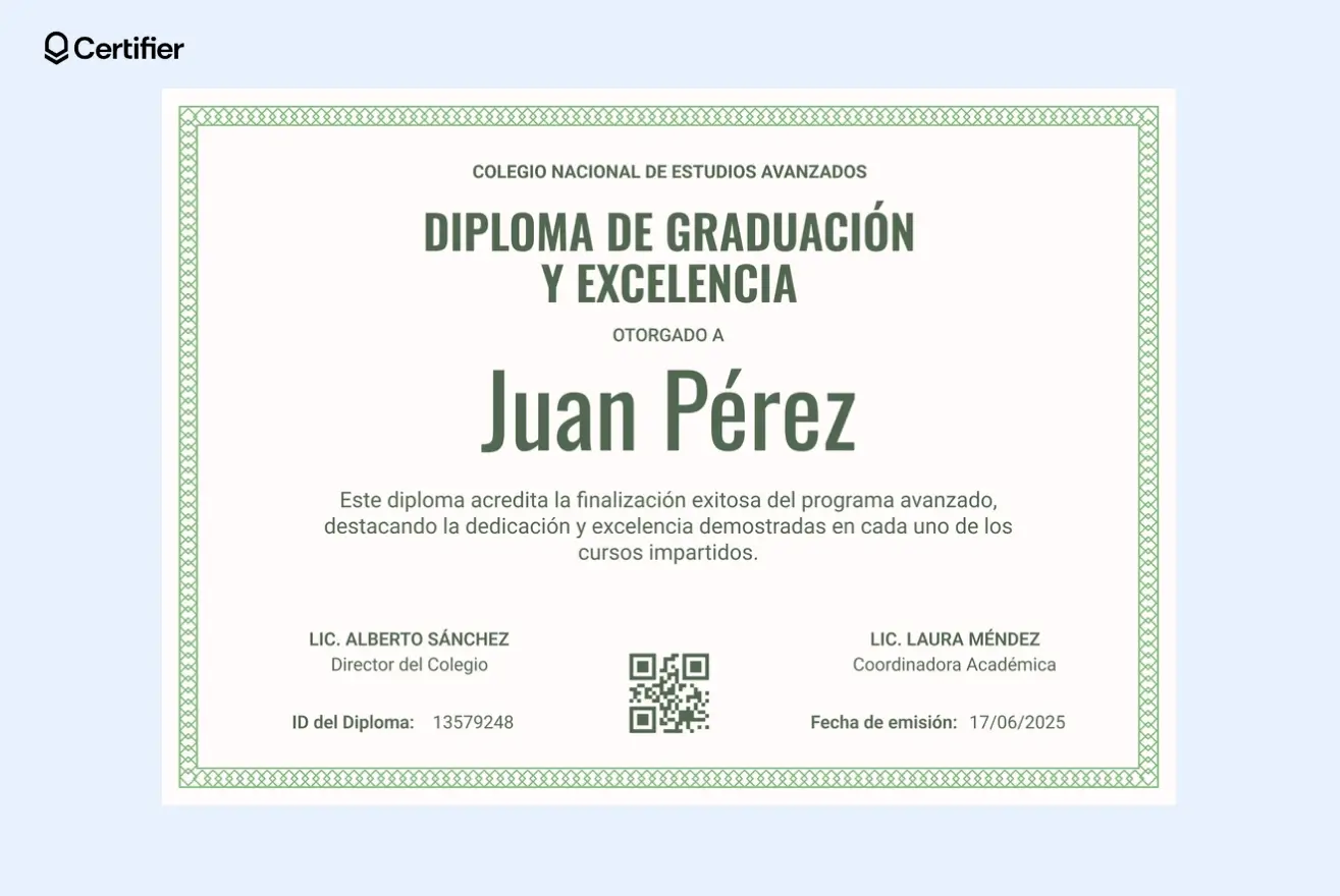 Diploma distinguido en Word con cinta verde y sello dorado.