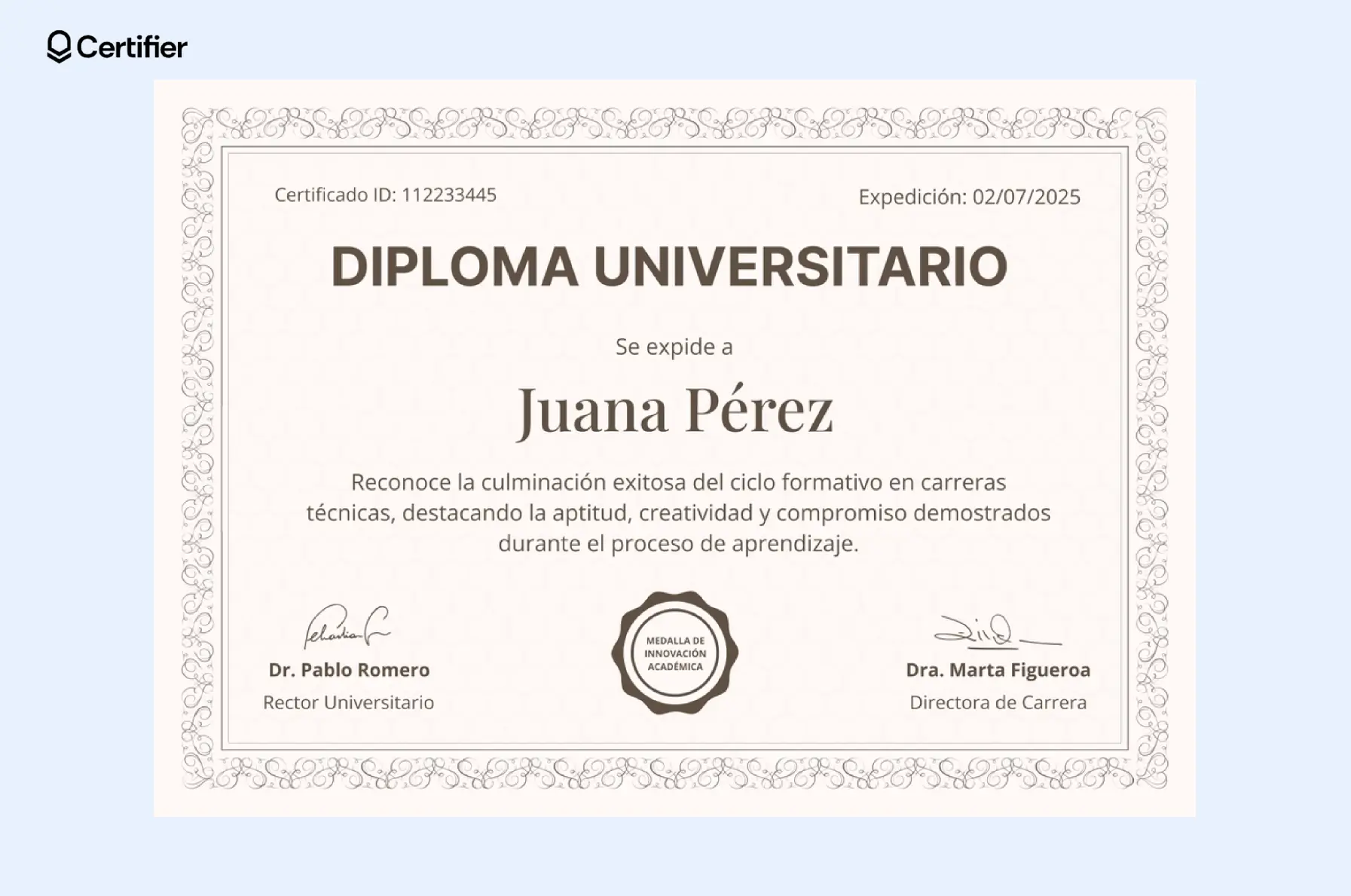 Diploma académico en Word con diseño tradicional.