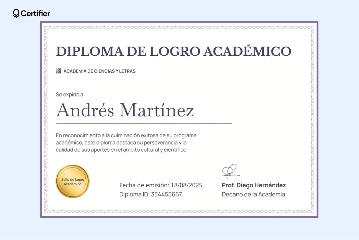Diploma profesional en Word con código QR y elementos resaltados.