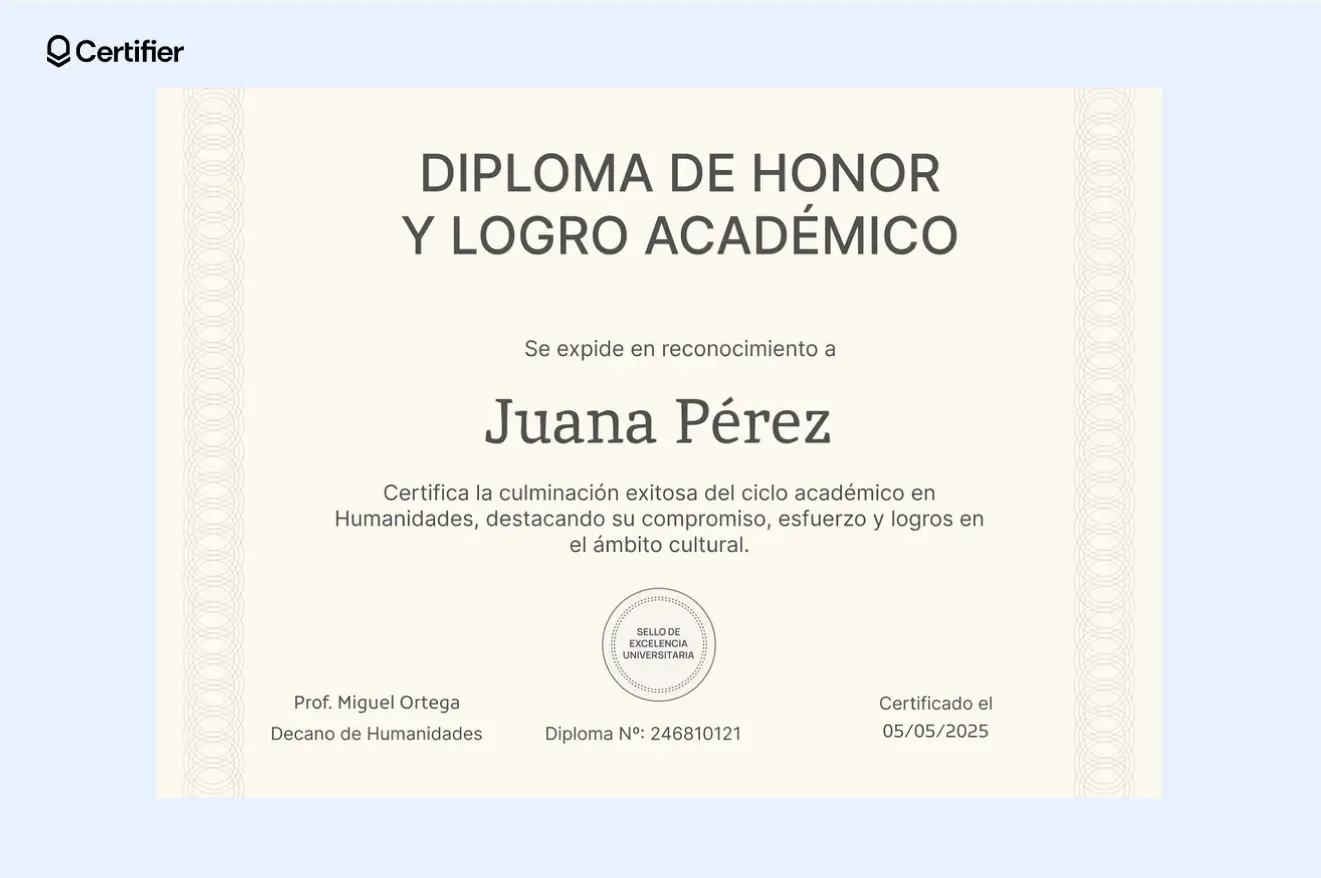Diploma elegante en Word con bordes destacados y diseño clásico.