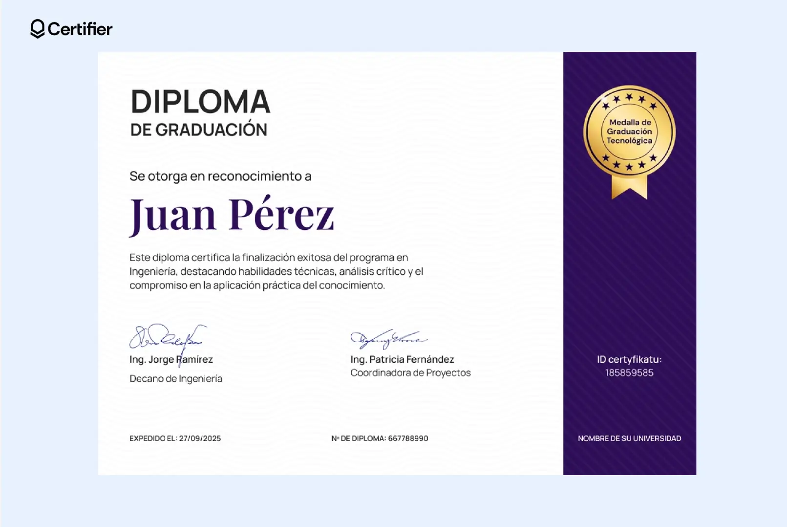 Diploma moderno en Word con colores vivos y diseño llamativo.
