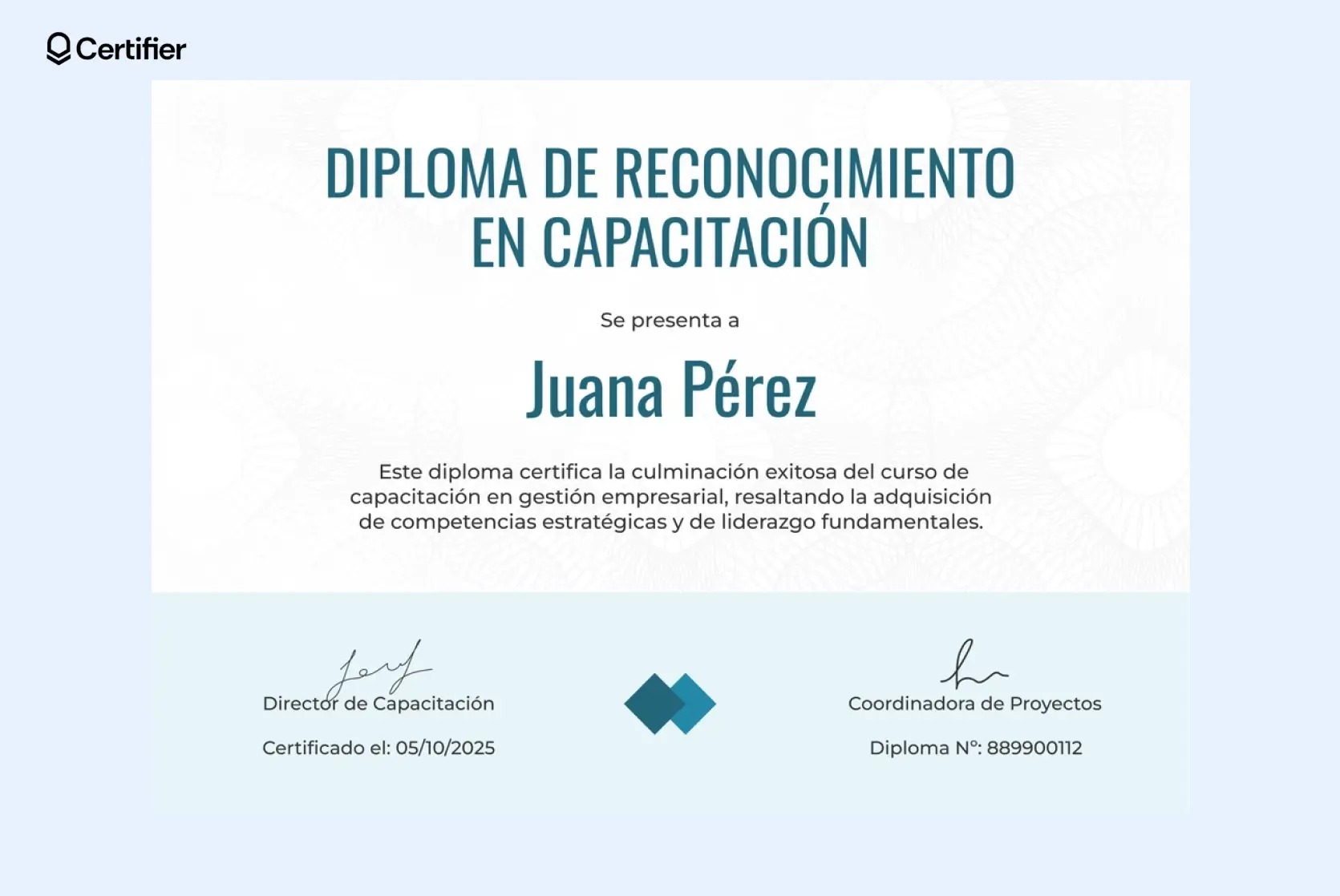 Diploma formal en Word con marco azul y espacio para logotipo.