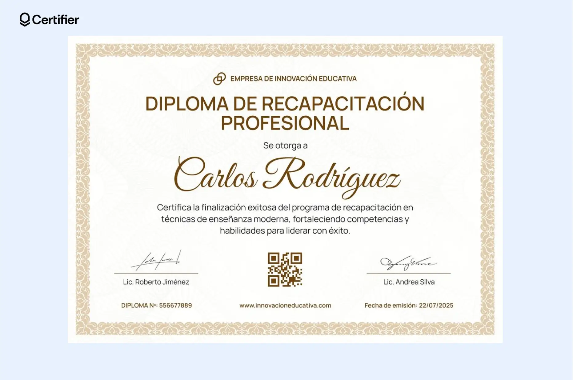 Diploma sencillo en Word con bordes anchos y cinta decorativa.