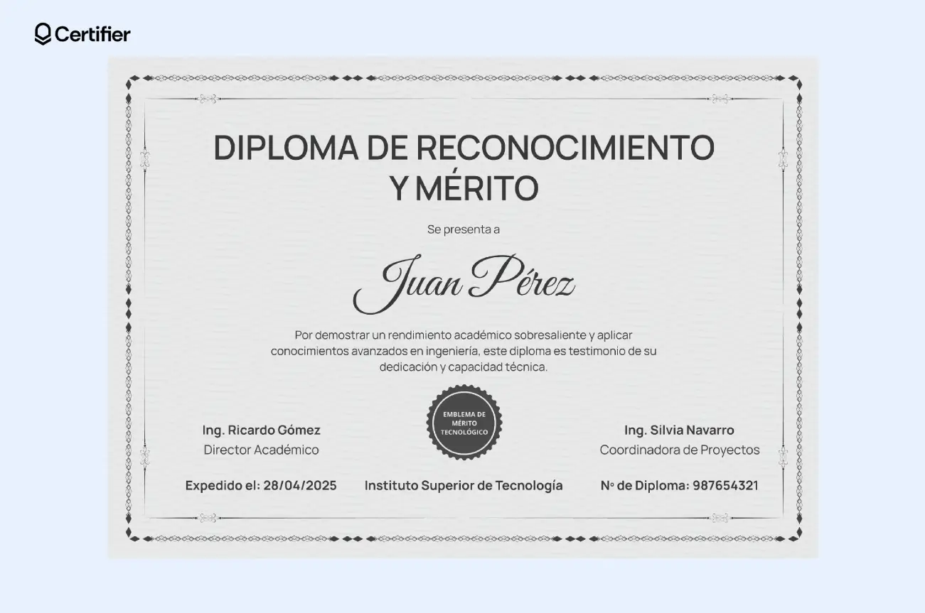 Diploma formal en Word con tipografía elegante y espacio para firmas.