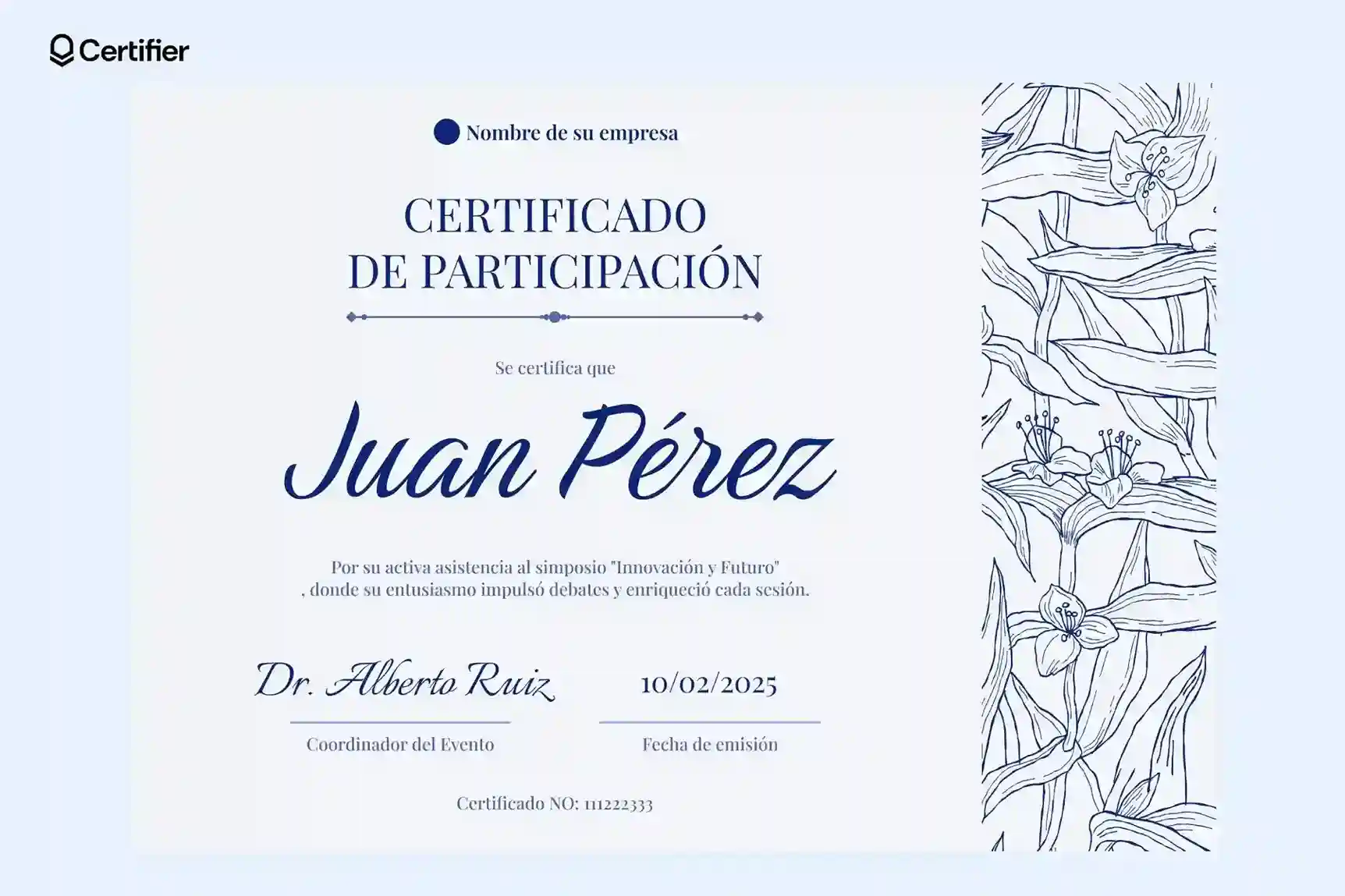 Este es uno de esos diplomas para editar en Power Point de graduacion con ilustraciones florales en tonos azules que transmiten un aire relajante y sofisticado. 