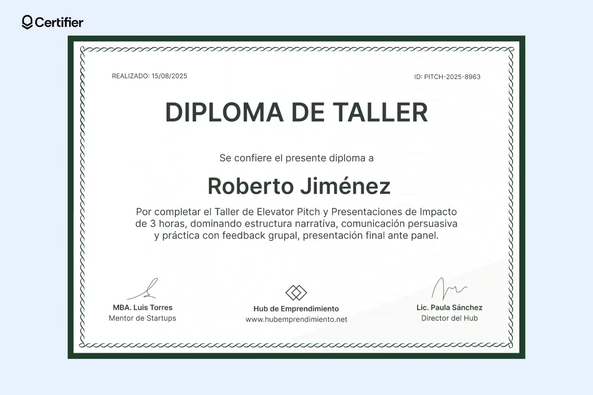 Certificados de asistencia a taller con espacio para firmas y nombre del participante.