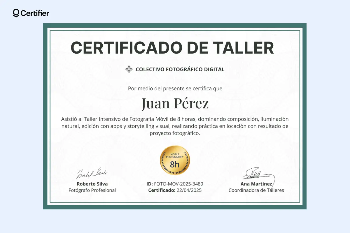 Modelos de certificados de taller para descargar en verde con insignia dorada y firmas.