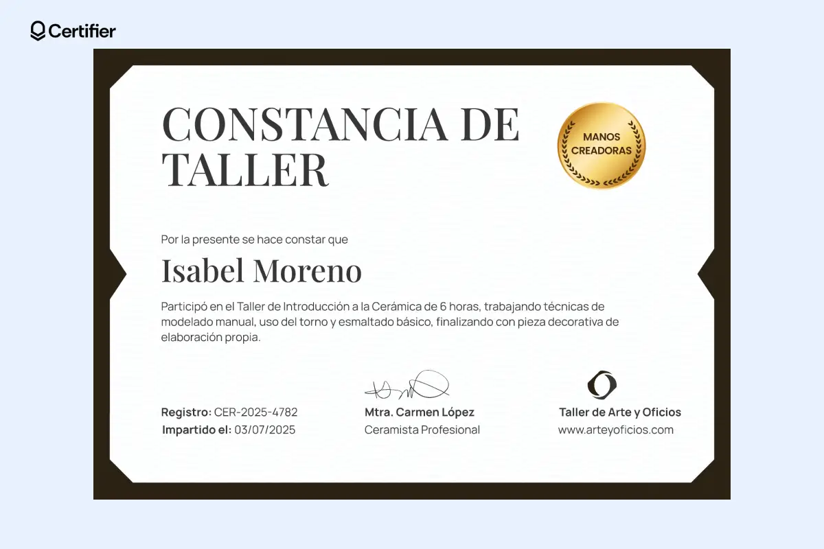 Modelos de certificados de taller para descargar con insignia dorada en la esquina superior y espacio para ID y fecha de emisión.