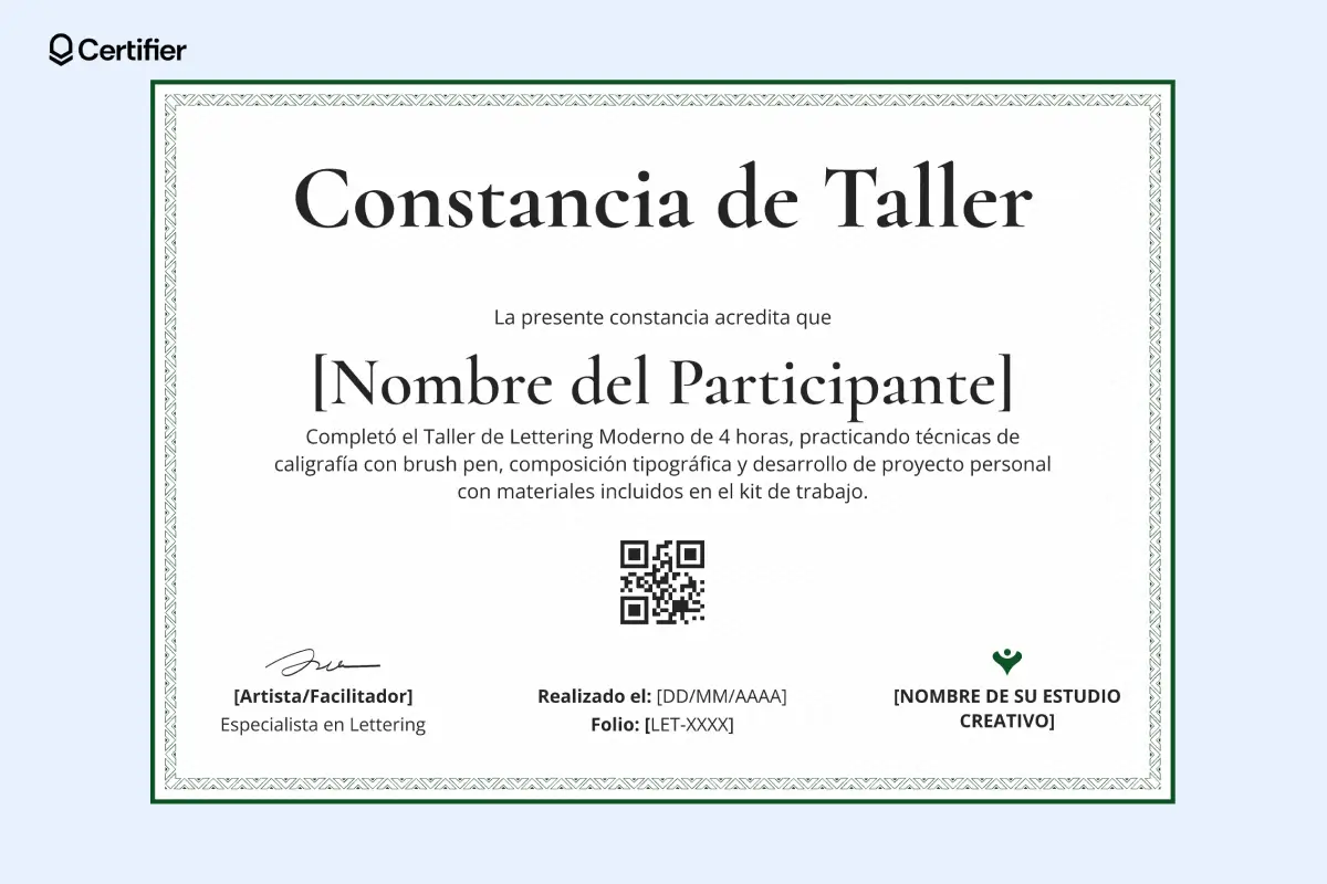 Modelos de certificados de taller para descargar con código QR al centro y diseño simple.