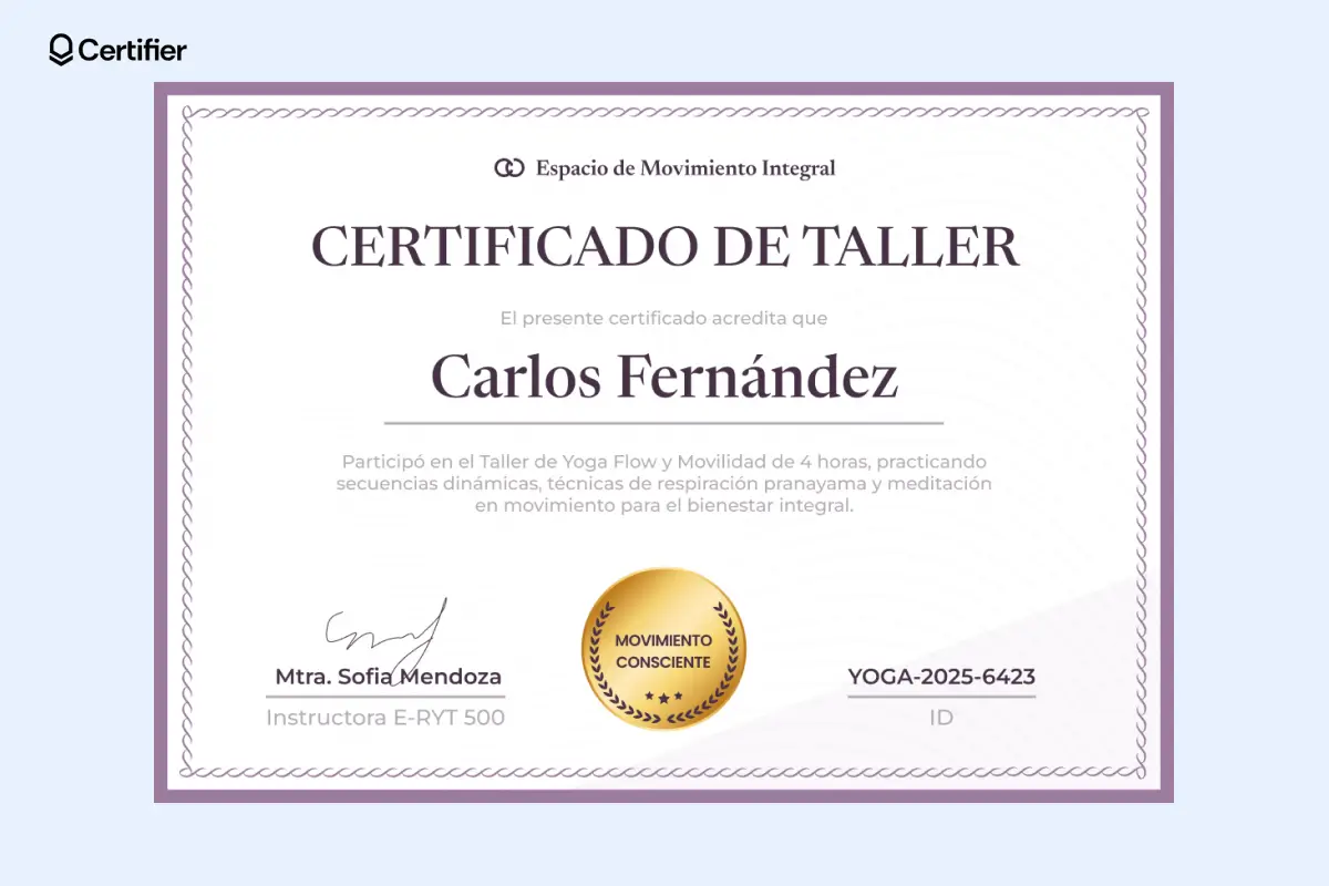 Certificados de asistencia a taller con borde sutil y espacio para firma electrónica.